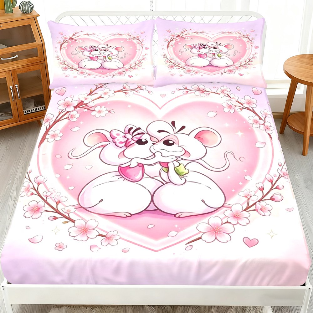 TEMU 3pcs Cute Design Fitted Sheet 3pcs Set (1*fitted Sheet 2*pillowcases, ), Romantic Theme, Artistic Bedding, Mattress Protector Soft, Breathable,