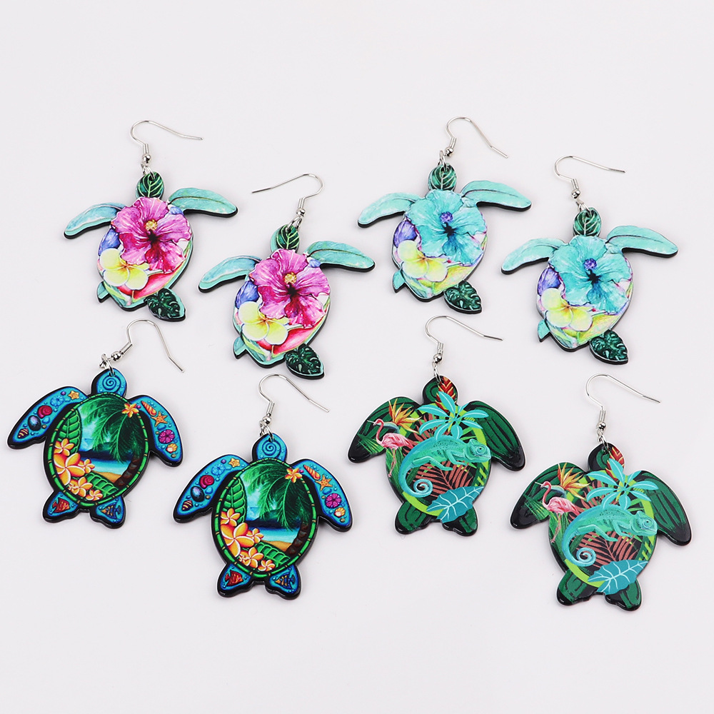 TEMU 2d Flat, 2d Flat Acrylic Earrings, 4 Pairs (8pcs) Of Bohemian-style Acrylic Sea Turtle-shaped Earrings, Daily Wear And Vacation Parties, A Great