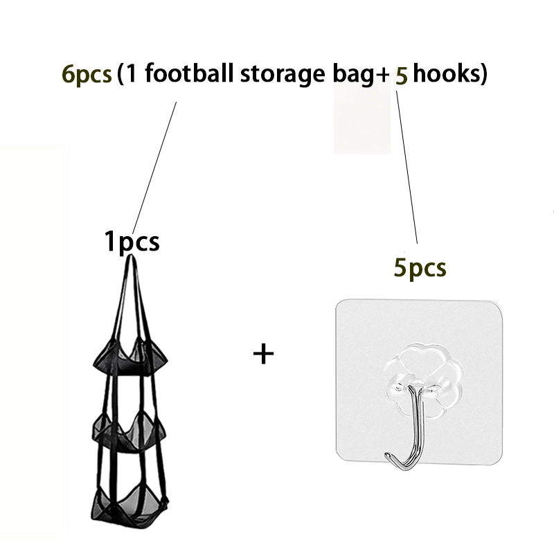 TEMU 6pcs (1pc Football Storage Bag And 5pcs Hooks) Wall-mounted Ball Storage Hanging Bag, Made Of Tear-resistant Nylon Mesh, With Durable