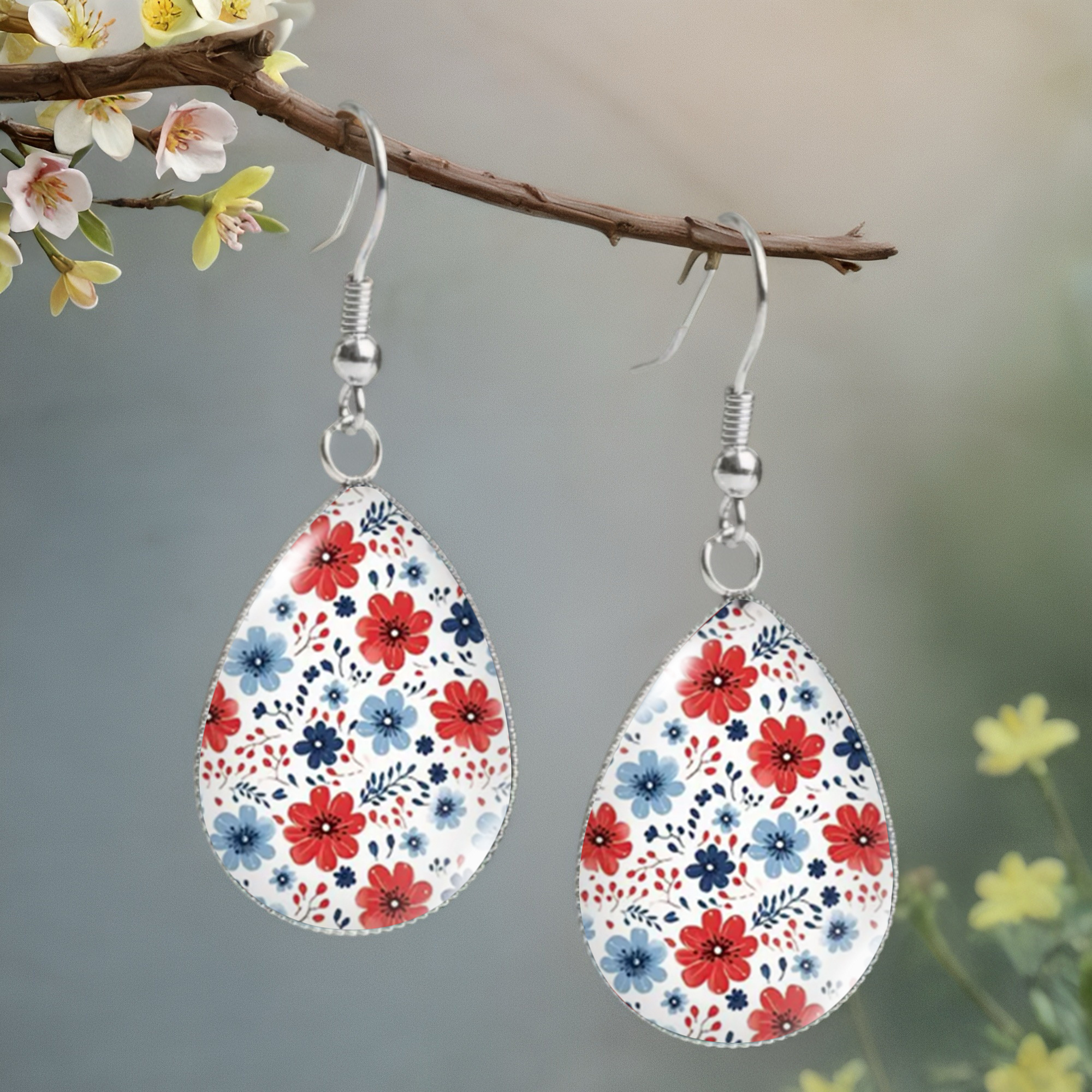 TEMU A Pair Of Red, White, And Blue Floral Earrings, Patriotic Additions, Gifts For Celebrations And Floral Style Enthusiasts, Without Battery
