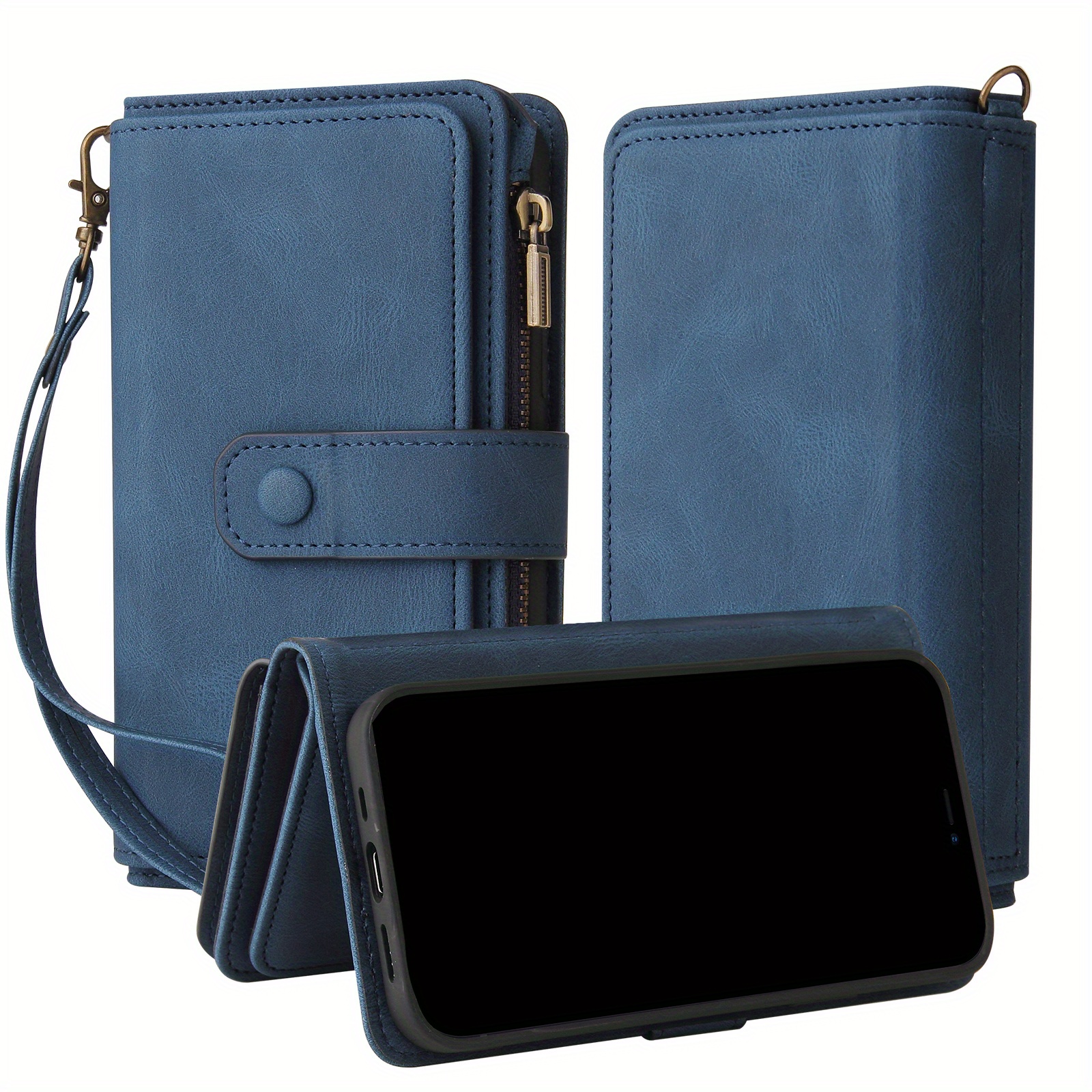 TEMU Phone Case: Blue Multi-functional Creative Button Zipper Phone Pouch Wallet Card Holder Case With Card Slot And Stand, Suitable For Galaxy S25