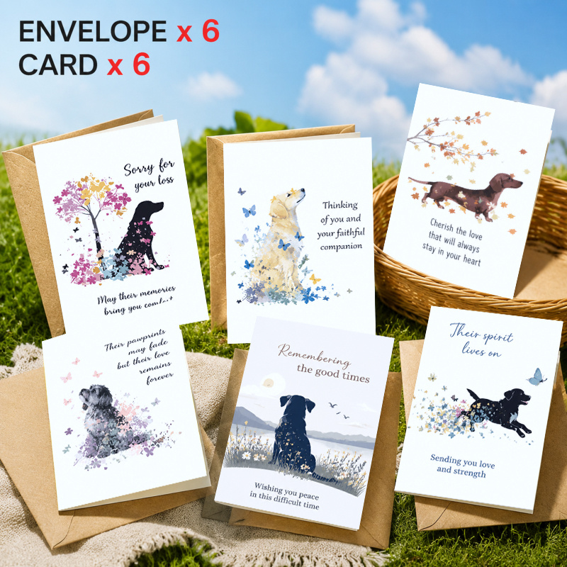TEMU 12-pack Pet Loss Sympathy Cards W/ Envelopes, Watercolor Floral Dog Silhouette, Pastel Colors, Comforting Design For Pet Owners, Memorial