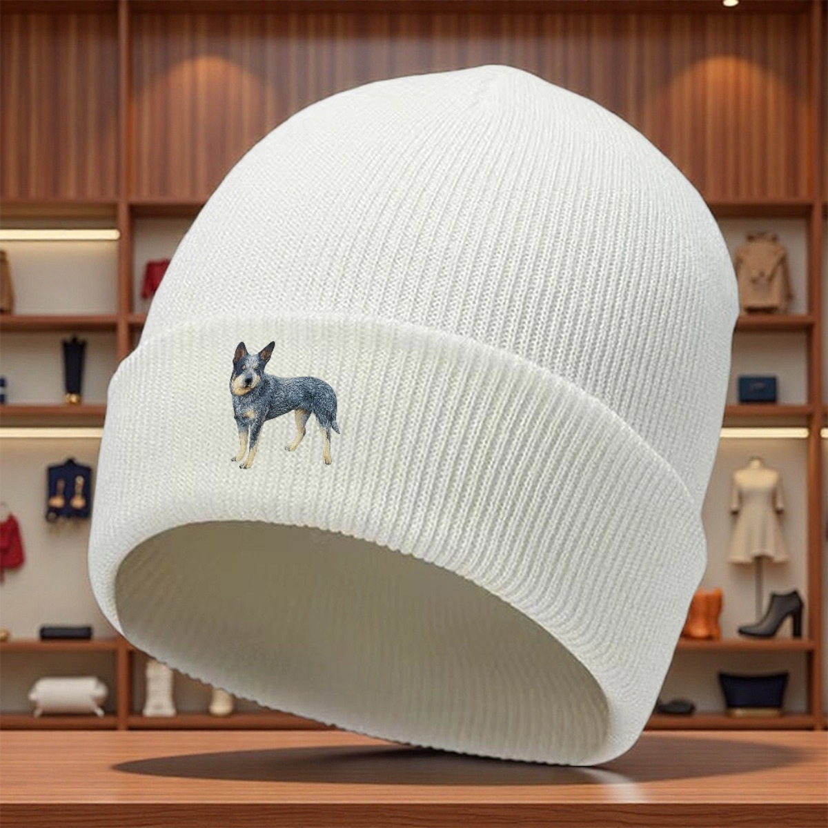 TEMU A Hat Without A Brim Featuring A Blue Australian Cattle , Keeping Warm In Cold Weather. This Unisex Is Foldable, Made Of Acrylic, And Comes In