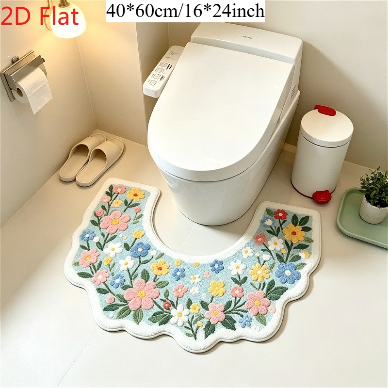 TEMU 2d Flat Colorful Flower Bathroom Toilet Non-slip Mat, Gentle Style Curved Restroom Rug, Fluffy U-shaped Toilet Rug, Cute Ins-style Washable Home