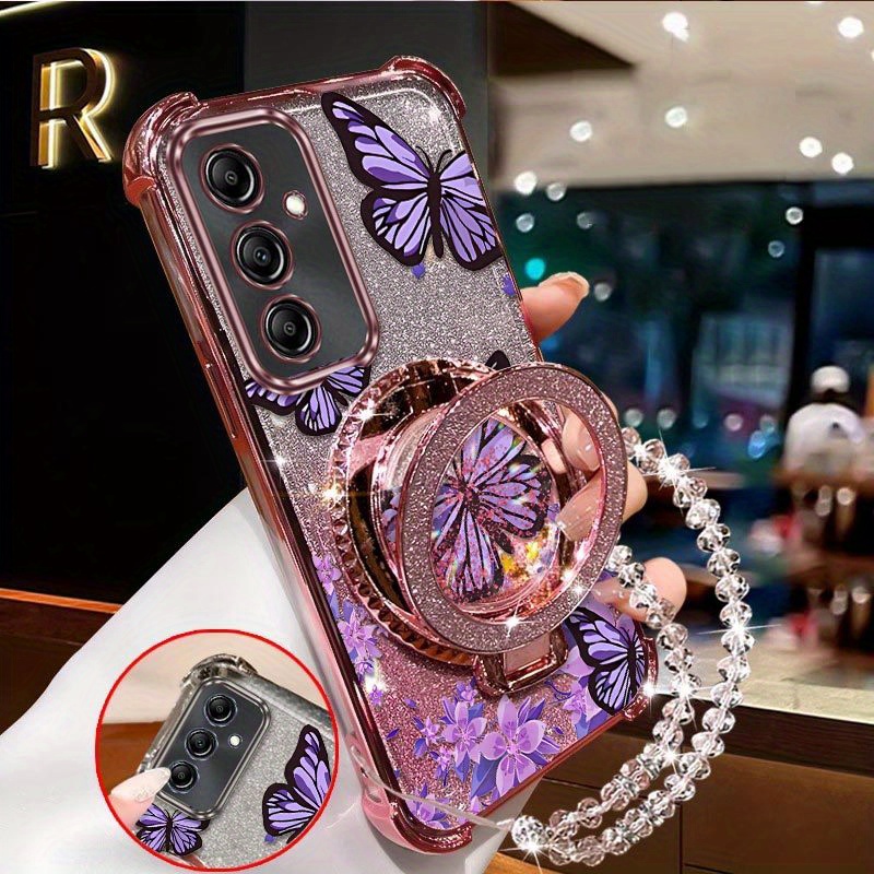TEMU Étui téléphone : Style A15 5G - Papillon violet entouré d'un support circulaire et d'un cordon transparent à perles - Confortable - Compatible