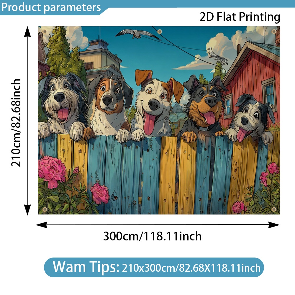 TEMU Outdoor Sunshelter -2d Flat Printing Adventure Canopy With Dogs Behind Fence Retro Design, Windproof Sun Shade For , Rv Travel & Camping,
