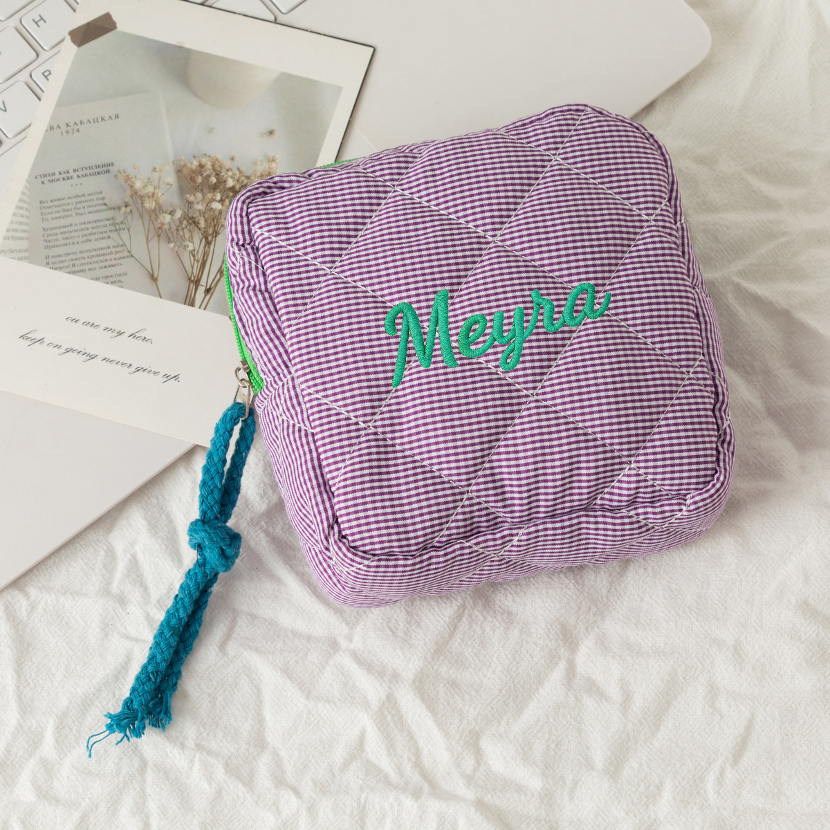 TEMU Neceser acolchado a cuadros con cremallera personalizado, bolsa de maquillaje y neceser con bordado personalizado, organizador de almacenamiento