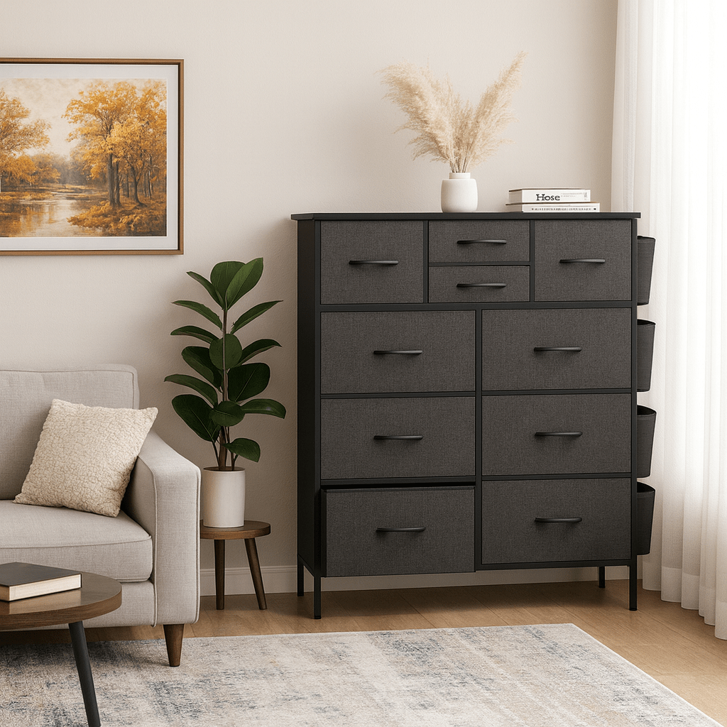 10-Drawer Storage Cabinet with Side Pockets | Wardrobe Organizer Boxes, Suitable for Bedrooms, Entryways, Living Rooms, Black, Contemporary Style, Hardwood and Particle Board Material, OLIXIS Brand