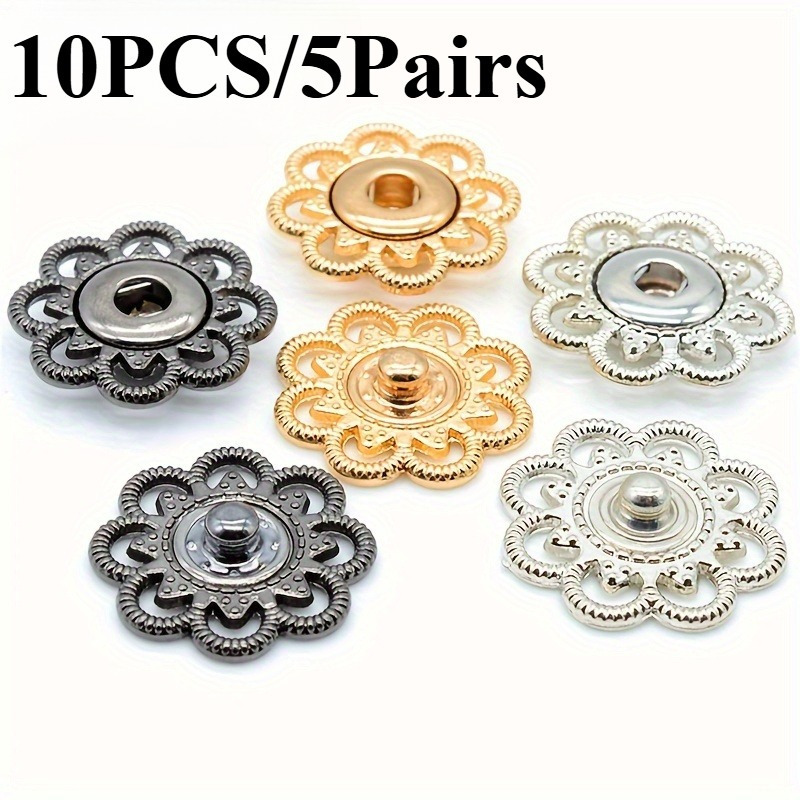 

Lot de 10 Boutons Pression Métalliques Décoratifs en de Fleur - Boutons de Couture Polyvalents pour Vêtements, Sacs & Loisirs Créatifs - Attaches Faciles à Utiliser , Argenté, Doré