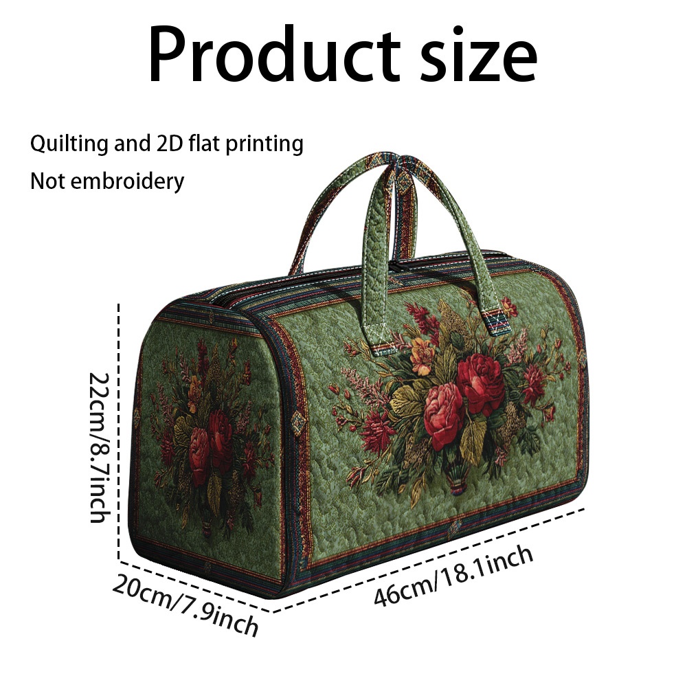 TEMU 1pc Ridesay Large Quilted Tote Bag Suitable For Travel & Commute, Quilted Polyester Handbag With Print On Green, Rectangular Luggage Bag For &,