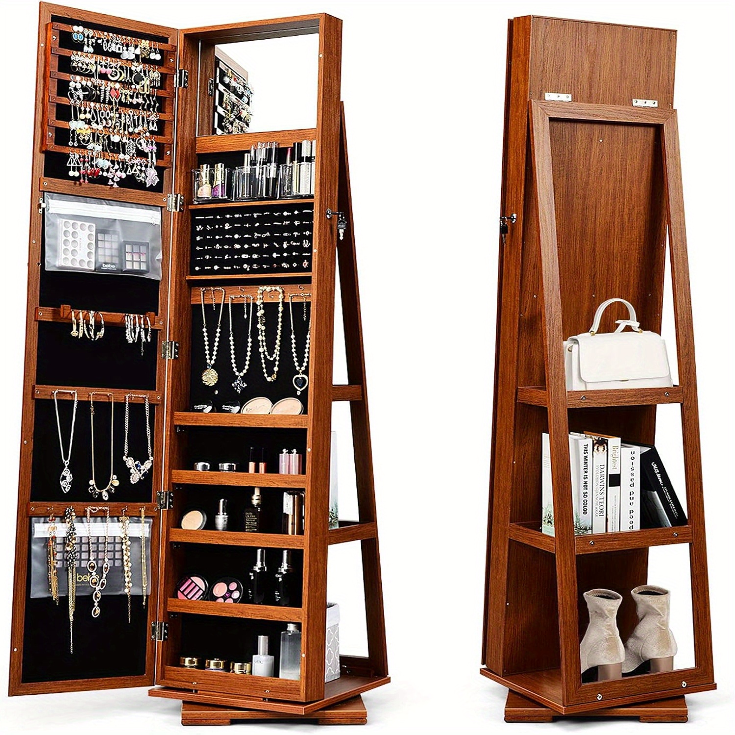 Image of A Rotating Jewelry Cabinet That Locks, Featuring A Full-length Mirror And An Mirror, Designed As A Freestanding Organizer For Cosmetics, Jewelry Armoires