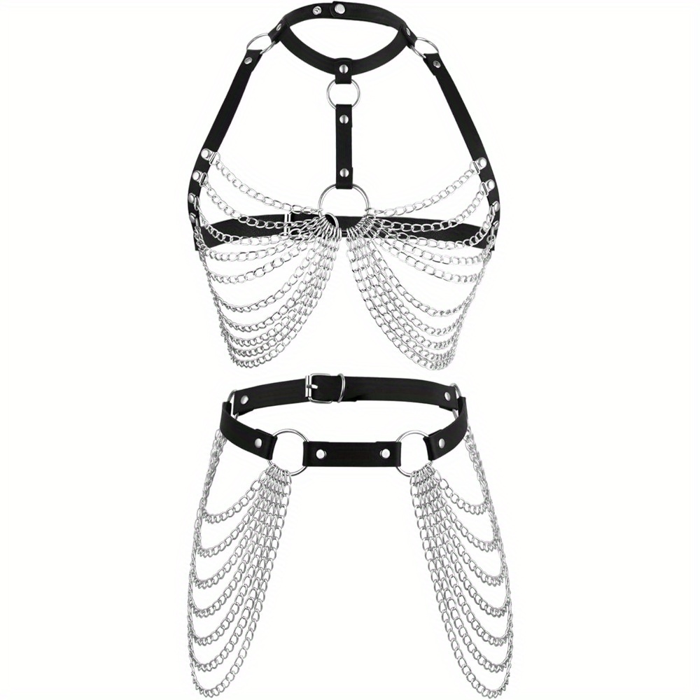 womens punk leather body chains layered waist belly chain - Temu display picture 1