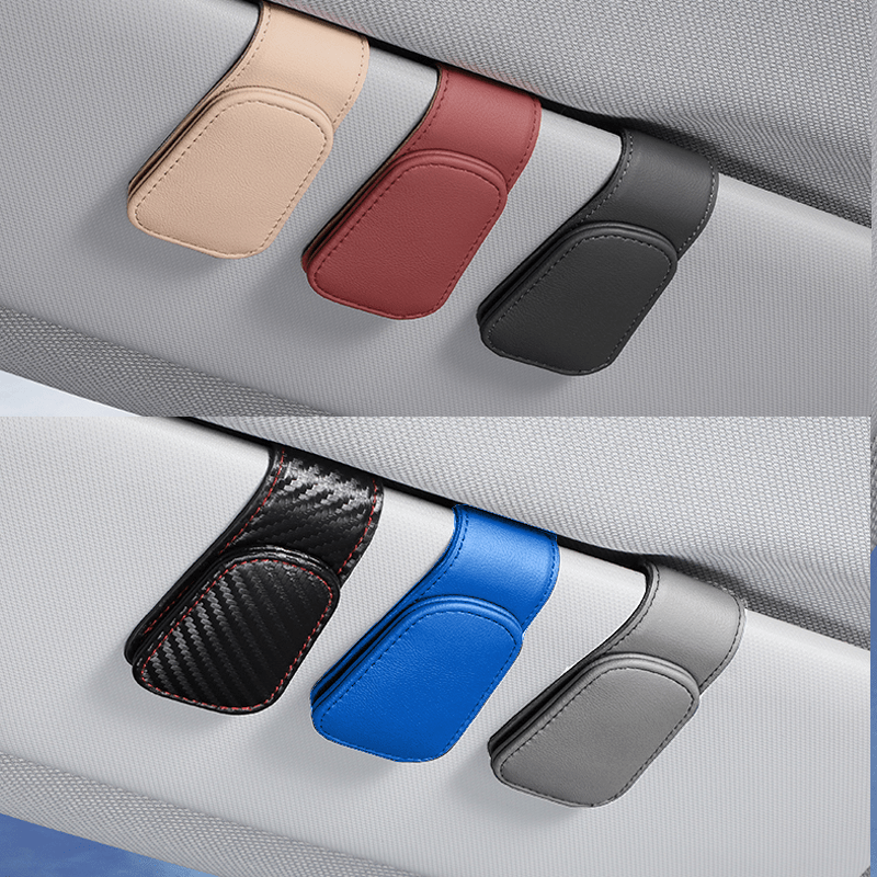 2pcs Magnetic PU Leather Fashion Sun Visor Glasses Holder - with Card Slot, One-Hand Operation, Multiple Colors (Black, Gray, Beige, Red-Brown), Driver's Side Interior Accessory, Stylish Glasses Mount