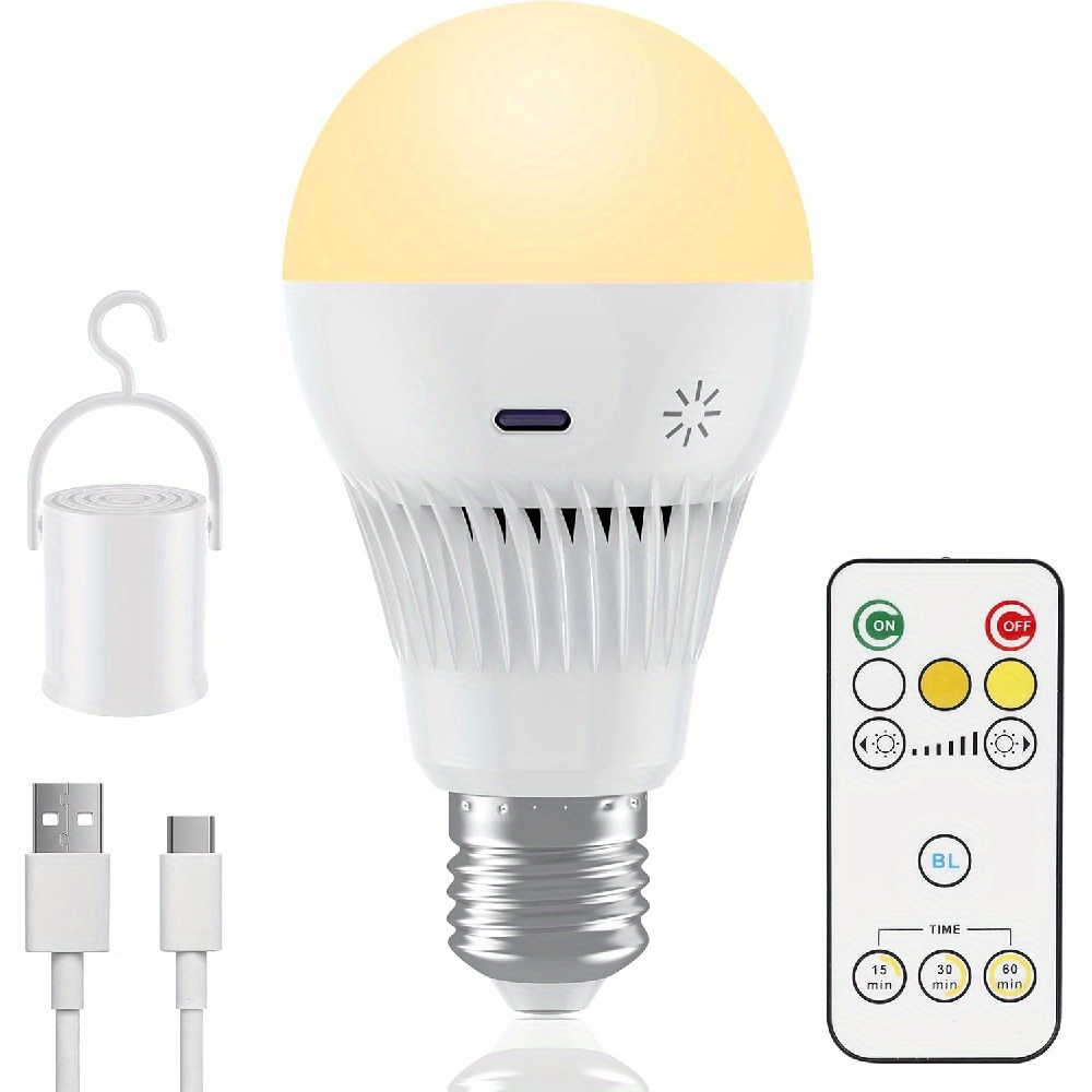 

1pc 9w Usb-c Rechargeable Light Bulb With Remote Control - E27, 3-color Dimmable, 3000mah Battery, Timing , Includes Holder & Cable, Ideal For Room Types