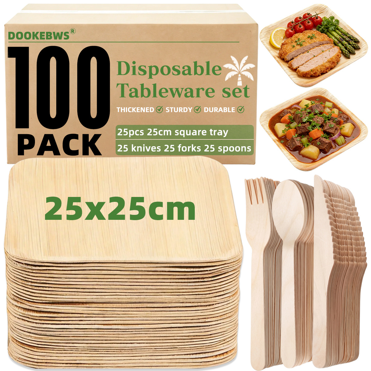 Image of 100pcs (25pcs 25cm Palm Leaf Plates And 75pcs Wooden Cutlery) | Disposable Tableware, Disposable Plates And Palm Leaf Dinnerware | Similar To Bamboo; Ideal For Parties, Barbecues, And Picnics