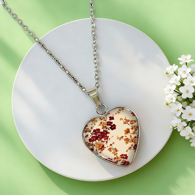 Romantic Floral Heart-Shaped Necklace, Glass Jewelry