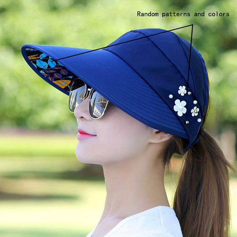 TEMU 1pc Women's Empty Hat, Ponytail Wide Brim Straw Hat With Faux Pearls And Floral Decor - Foldable, Lightweight Breathable, Suitable For Outdoor,