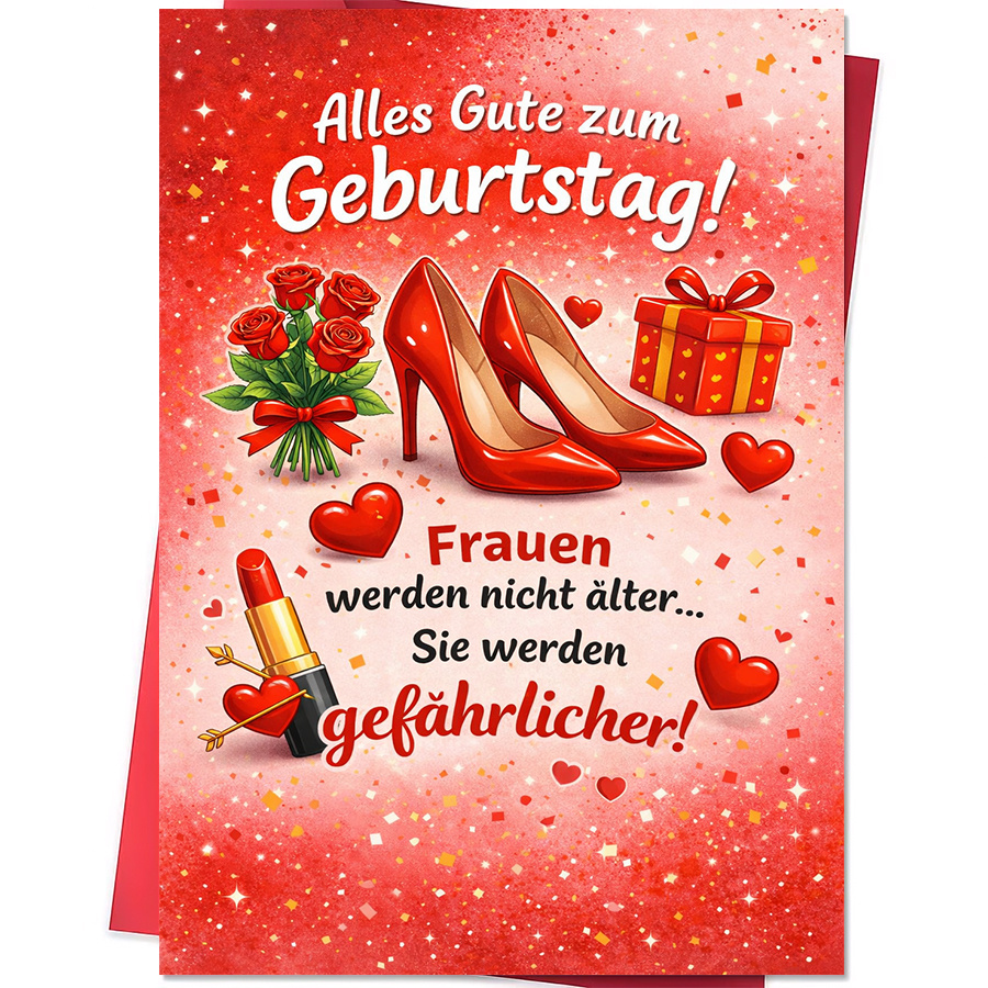 E-shop 1 Grußkarte + 1 Umschlag, . Grußkarte für Freundin, Ehefrau, Freundinnen, um Liebe auszudrücken, mit Mustern von High Heels, Lippenstift, Rosen
