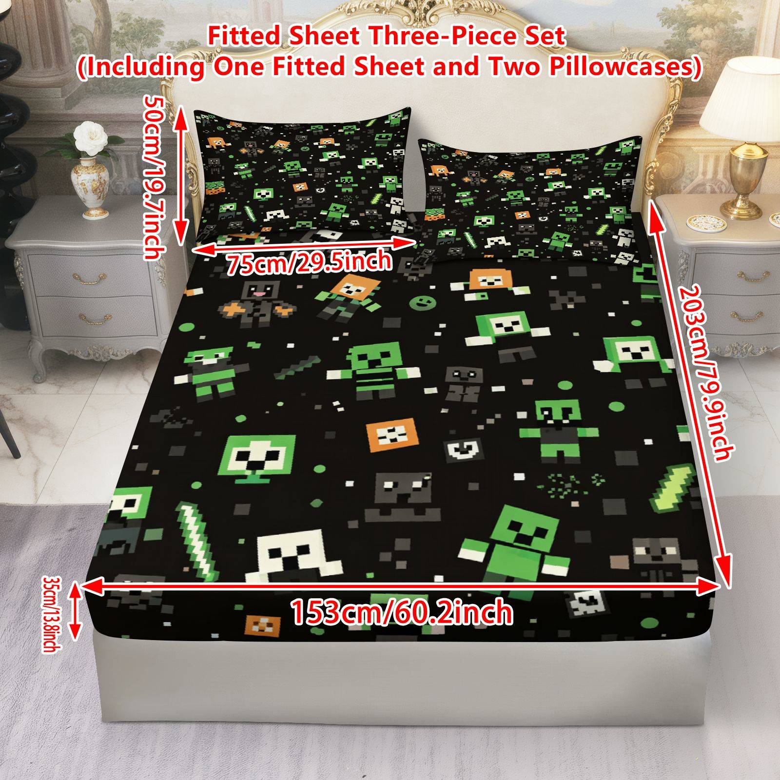 TEMU 3 pièces Housse de Matelas à Pixel Jeu (1*Housse de Matelas + 2*Taies d'Oreiller, Oreiller), Thème Gaming, Literie Chambre, Protège-Matelas Doux