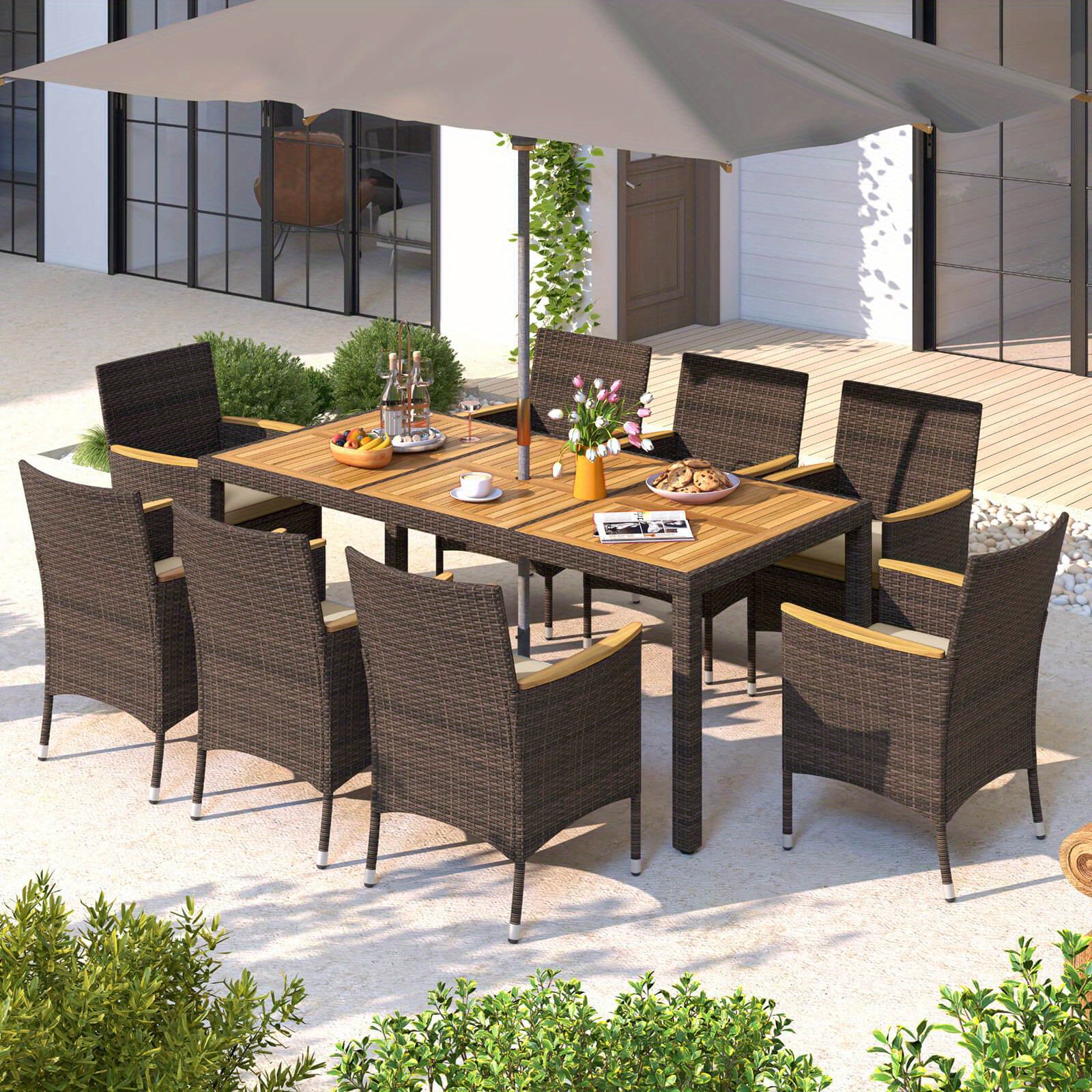 COSTWAY 9pcs Large Outdoor Dining Set with Acacia Wood Table & 8 Cushioned Chairs - Heavy-Duty PE Wicker Patio Furniture with 2