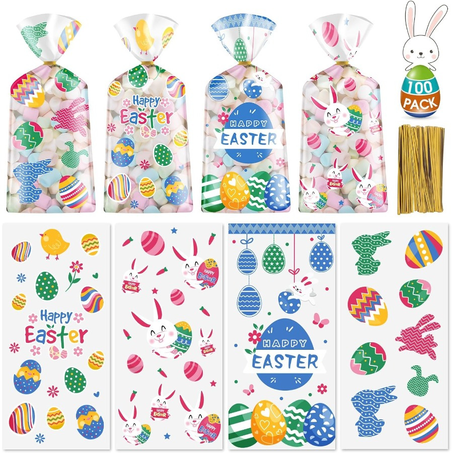 

-pack Easter Bags - Plastic Cellophane Gift Bags With Golden Twist Ties, , Easter Bunny & Egg Designs For Party Favors And Supplies