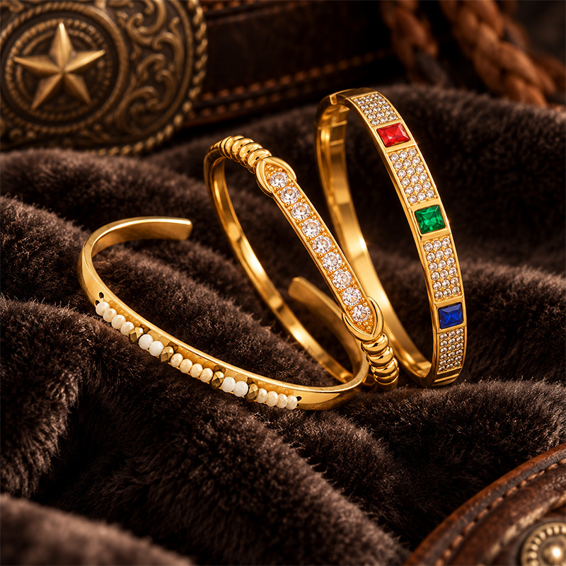 3pcs Square Gem & Twisted Chain Bangle Set for Women