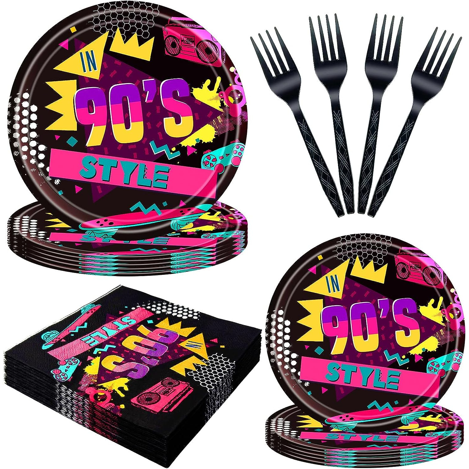 set of 100 paper plates and napkins for a nostalgic 90s birthday celebration featuring   cd theme perfect tableware for a retro   party suitable for 20 guests