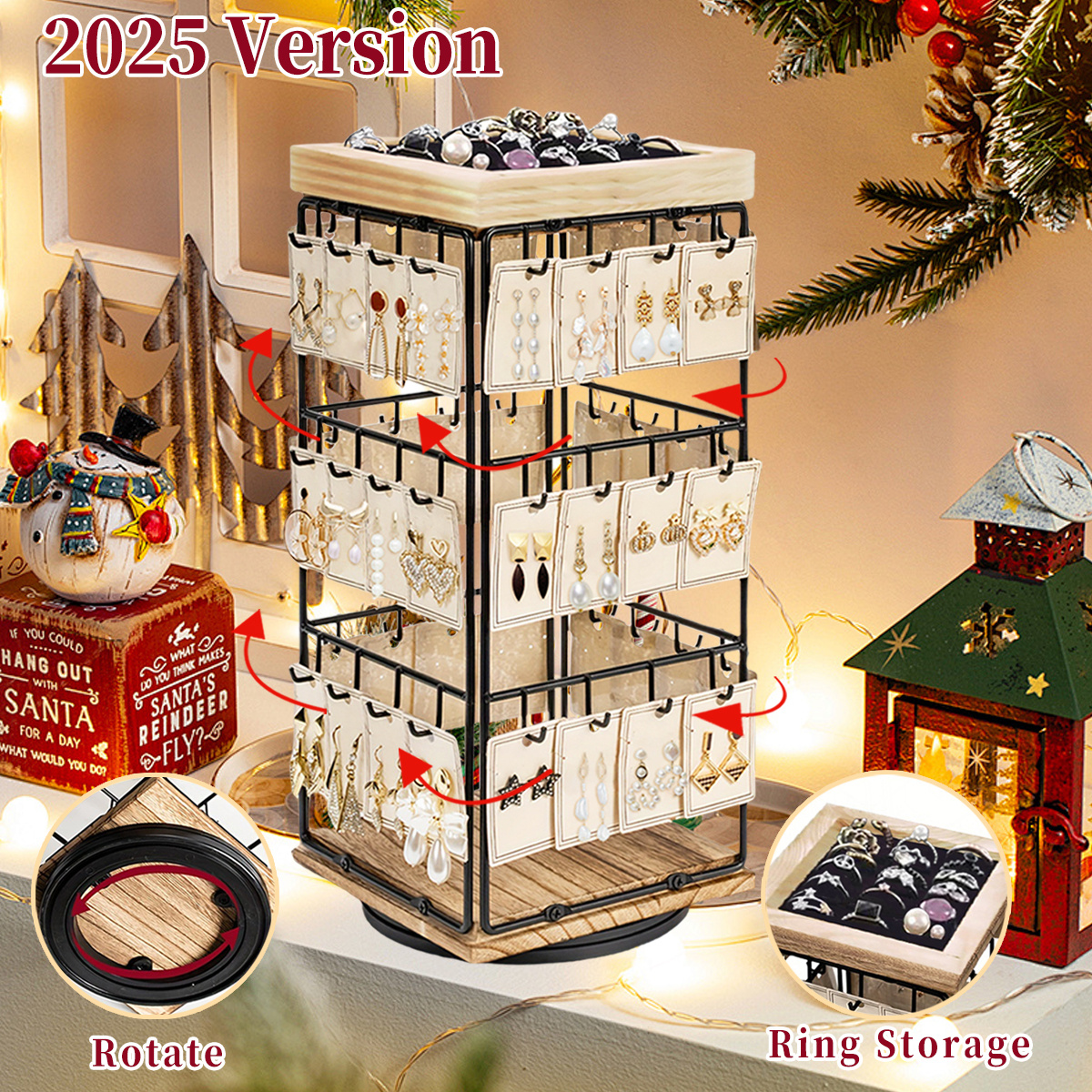 TEMU 1pc Earring Holder Organizer Stand - 48 Hooks Wooden Base Jewelry Display Rack For Women And Girls, Stores Rings, Earrings, Ear Studs, And Bracelets