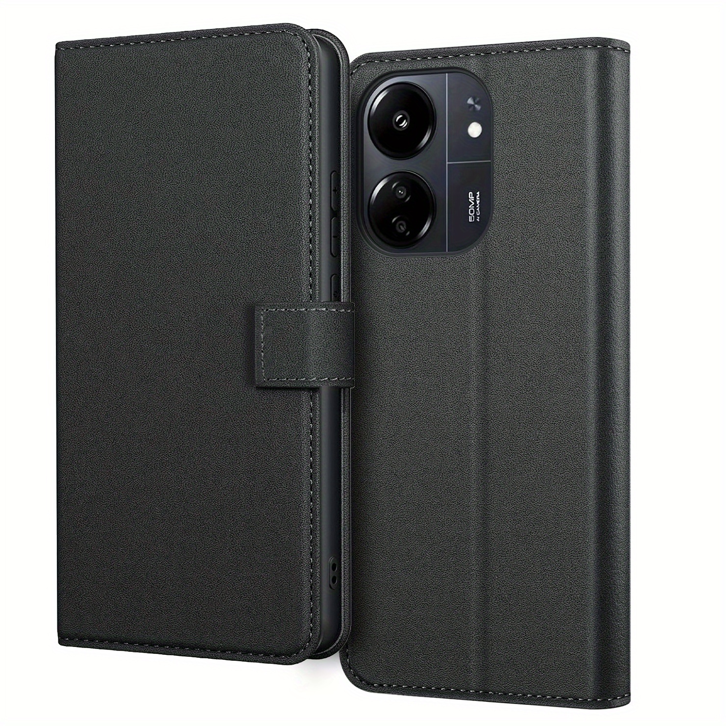 TEMU para teléfono: para Xiaomi Redmi 13C / Poco C65, con soporte, cuero PU , ranura para tarjetas, negra, tipo flip