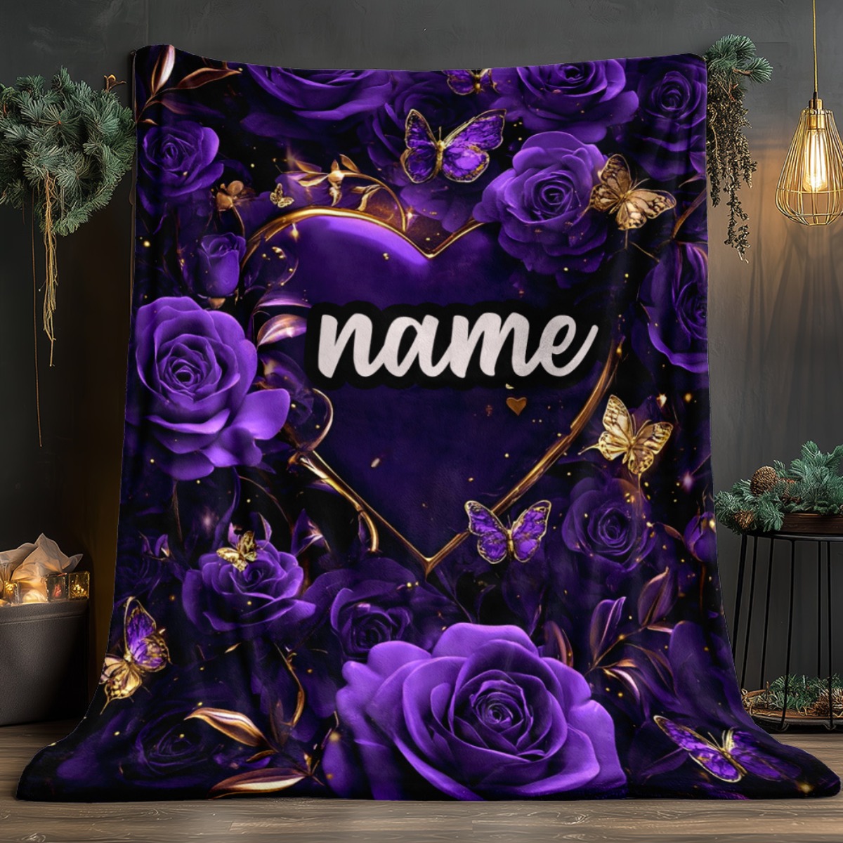 TEMU Custom Name Purple Floral Pattern Blanket- Lightweight Throw For Sofa, Outdoor, Camping, Livingroom, Office, Chair, And Bed - Digital Printing