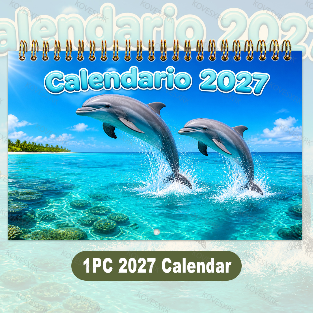 TEMU 1pc 2027 Marine Animal Monthly Calendar | Dolphin Jumping Wall Art | 12 Months Visual | 8.3x5.5 Inch | Blank Space For Notes | Birthday