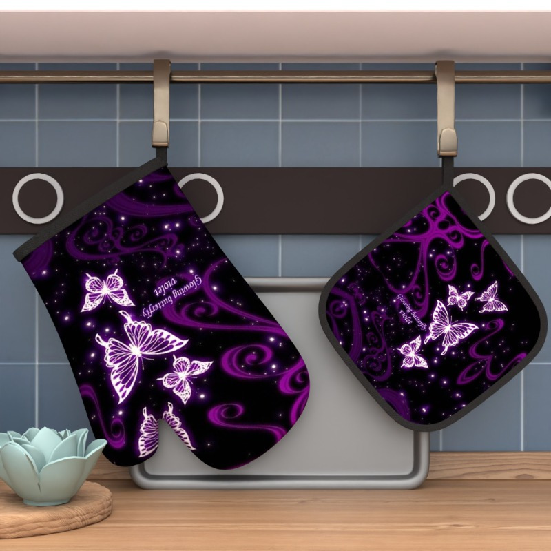 

2pcs 10.6*6.7 Inch Oven Mitts And Pot Holders Set, Purple With Funny Sayings On Black Background, Heat Resistant, Ideal For Cooking, Baking, Kitchen Decor, Housewarming Gift