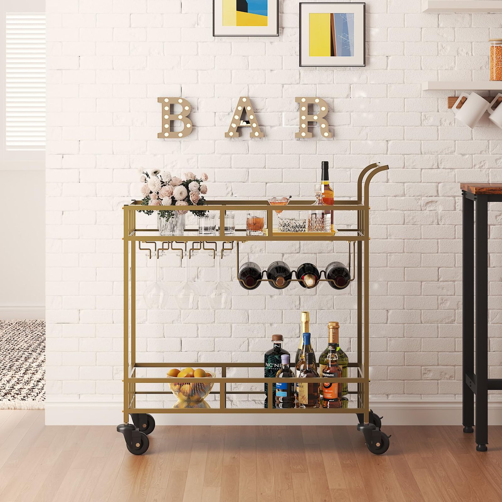 Golden Bar Cart with 2 Mirrored Shelves & Wine Holders