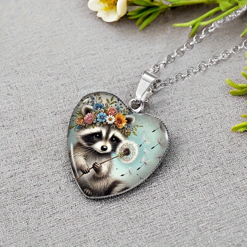 TEMU A Handmade Men's Accessory Featuring A Glass Pendant In Of A Heart With A Dandelion And Raccoon Design