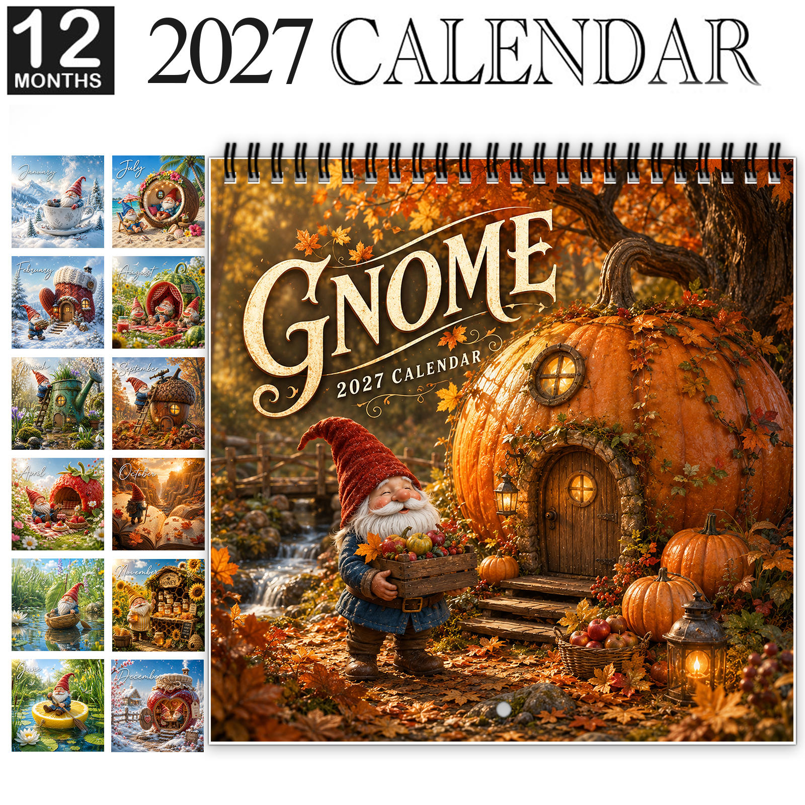 TEMU 1pc 2027 Harvest Gnomes Wall Calendar, Spiral-bound 12-month Monthly Planner With Thick Glossy Paper, Displays Characters In Rustic, Warm And