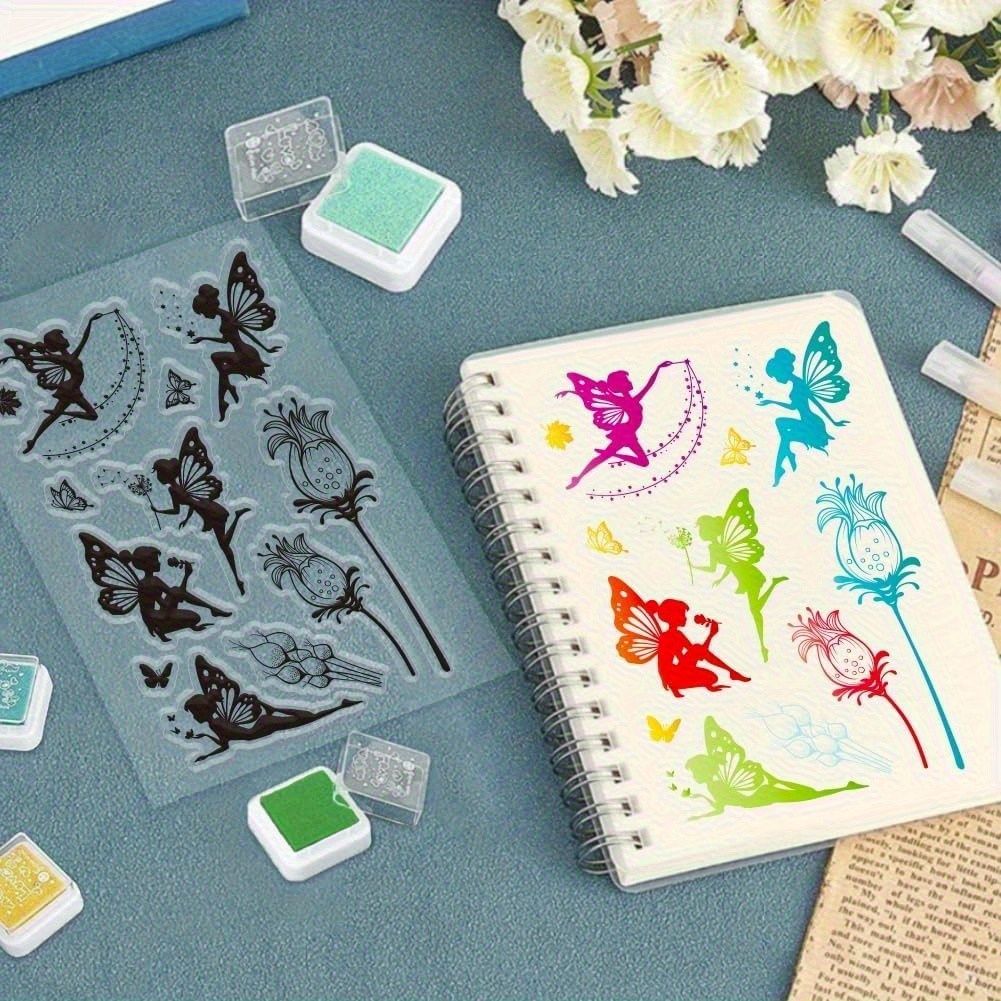 1pc large floral fairy stamps - clear scrapbooking & card making stamps with   fairies, pastel colors (pink, blue, green, yellow, ) - for diy crafts, scrapbooks, journals, invitations - compatible with die-cut machines -   beginners &  , journal decoration, fantasy theme, detailed  , craft enthusiasts 0