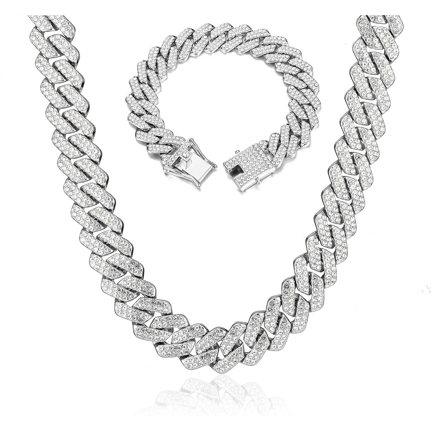 TEMU 2pcs Men's 304l Stainless Steel Cuban Link Necklace & Bracelet - Heavy-duty Chunky Chain With Cubic Synthetic Cubic Zirconiaia, Shiny Hip-hop