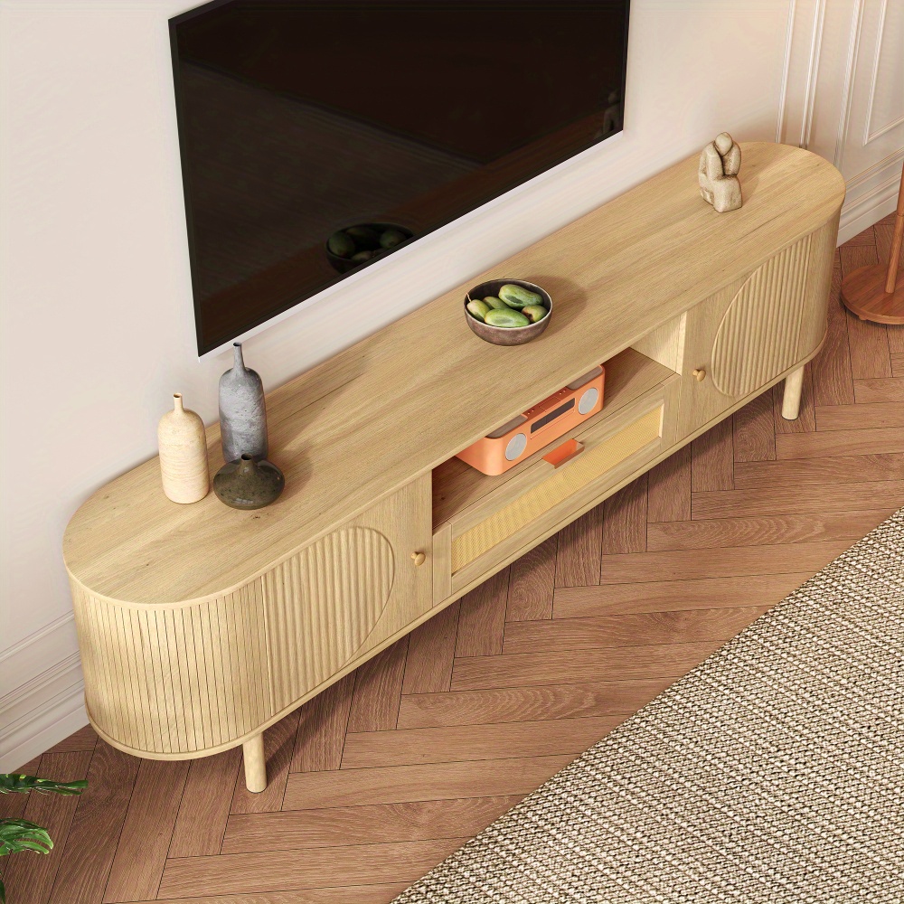 Modern TV Stand with Rattan Drawers & Open Shelves - Curved   Console, Wood-  Legs, Cable  , Rounded Tabletop - Multifunctional Living Room Furniture for Small Spaces, Sturdy Storage Cabinet for Electronics & Decor