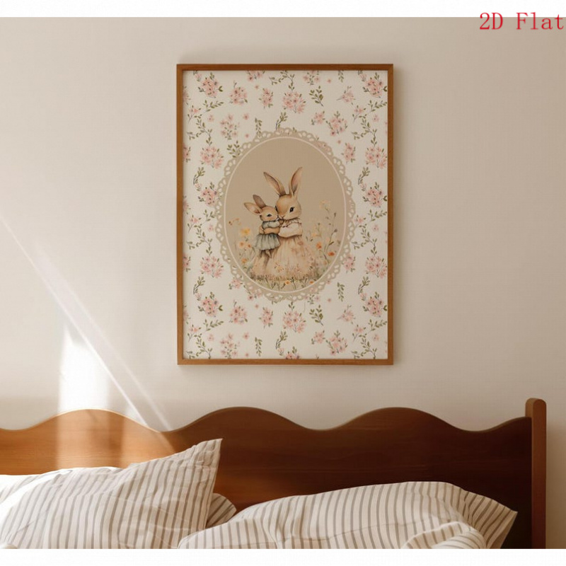 Vintage Cute Rabbit Print Floral Canvas Poster