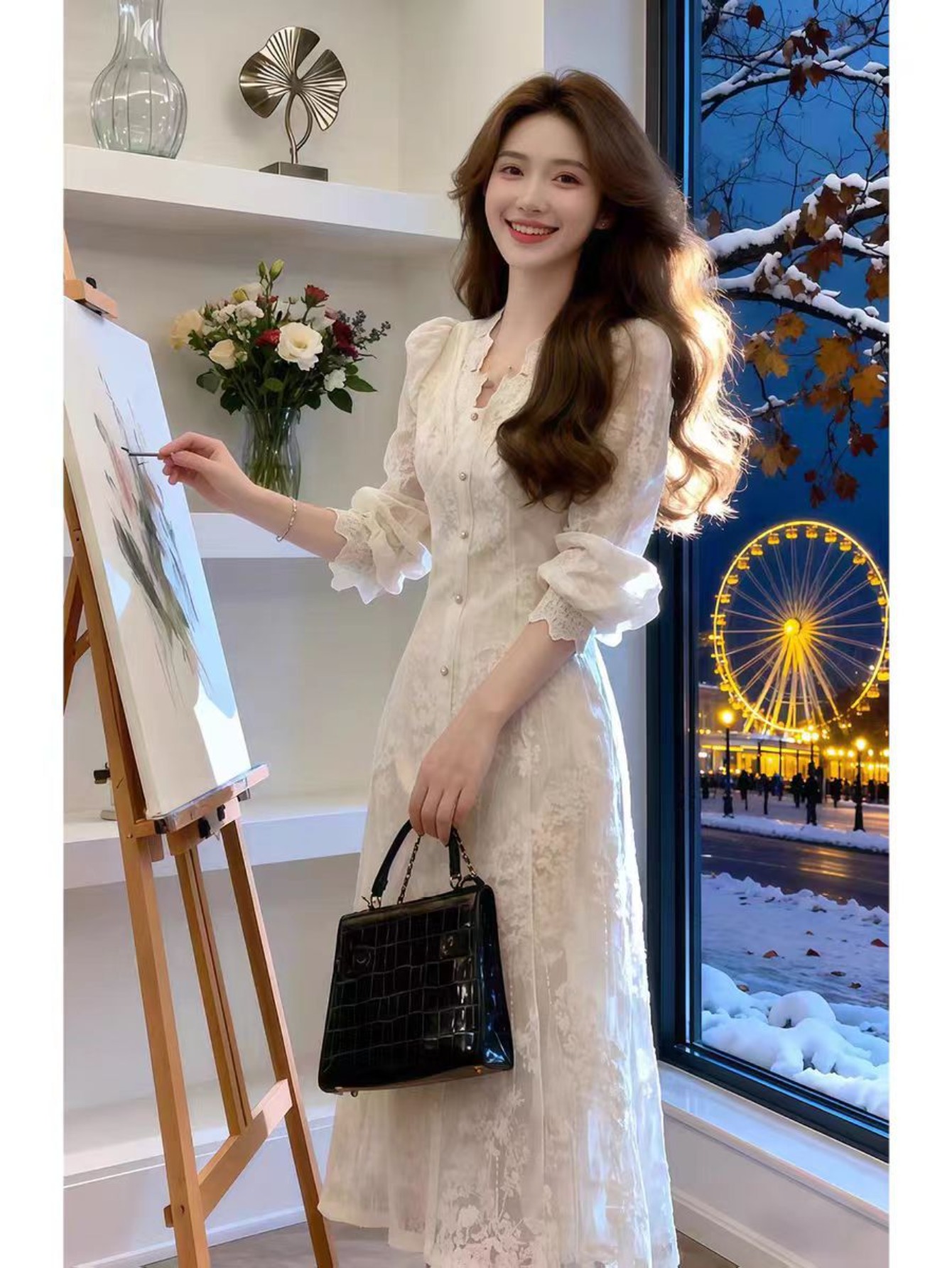 white christmas dresses Womens Lace Long Sleeve V Neck Fall Maxi Dress, Large 12-14 / Beige