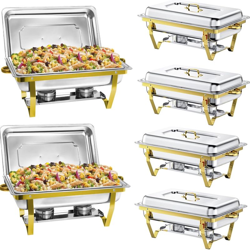 TEMU Chafing Dishes For Buffet 6 Pack, 9qt Chafing Dishes [elegant Golden & Silver] With Rolled-, Catering Chafer Warmer Set With Folding Frame For