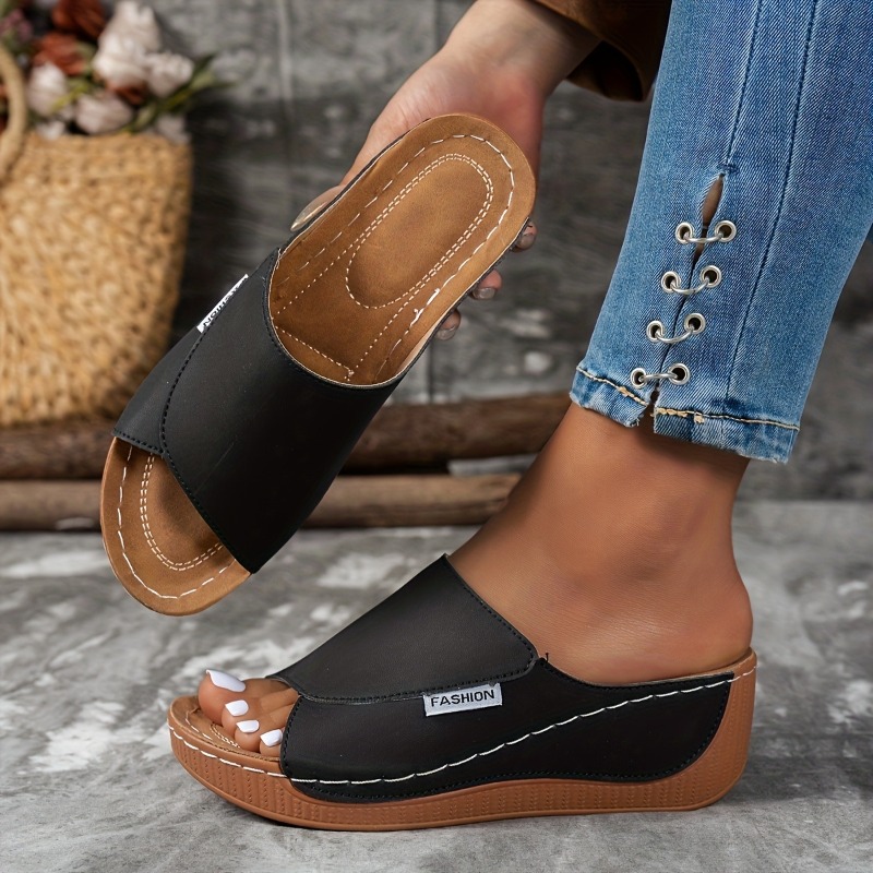 TEMU Sandalias tipo zapatilla de cuña para mujer - Tacones altos de plataforma casuales , parte superior sintética cómoda, opciones multicolor para