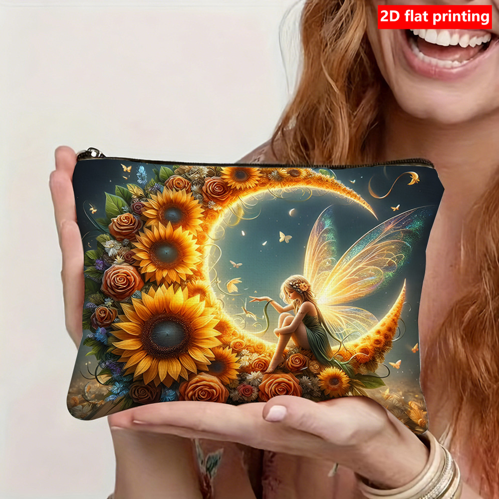 TEMU 1pc 2d Printed Sunflower Elf Themed Makeup Bag, Double-sided Printed Material With Moon And Floral Patterns, Features A Zipper For Easy Opening