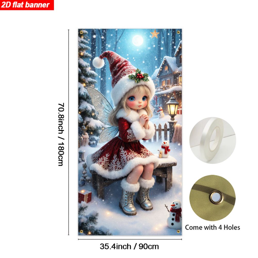 TEMU 2d Flat, 2d Door Banner, 1pc, 2d Flat Banner, Christmas Fantasy Snow Scene Elf Tapestry, Cute Cartoon Girl With Snowman Backdrop, Suitable For