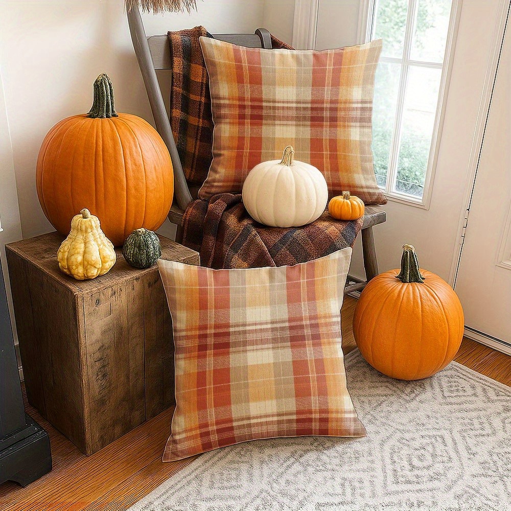 TEMU 2pcs Seamless Orange And Beige Plaid Pillowcases, Soft Decorative, Suitable For Sofas, Sofa Beds, And Living Rooms, Zippered, Machine Washable,