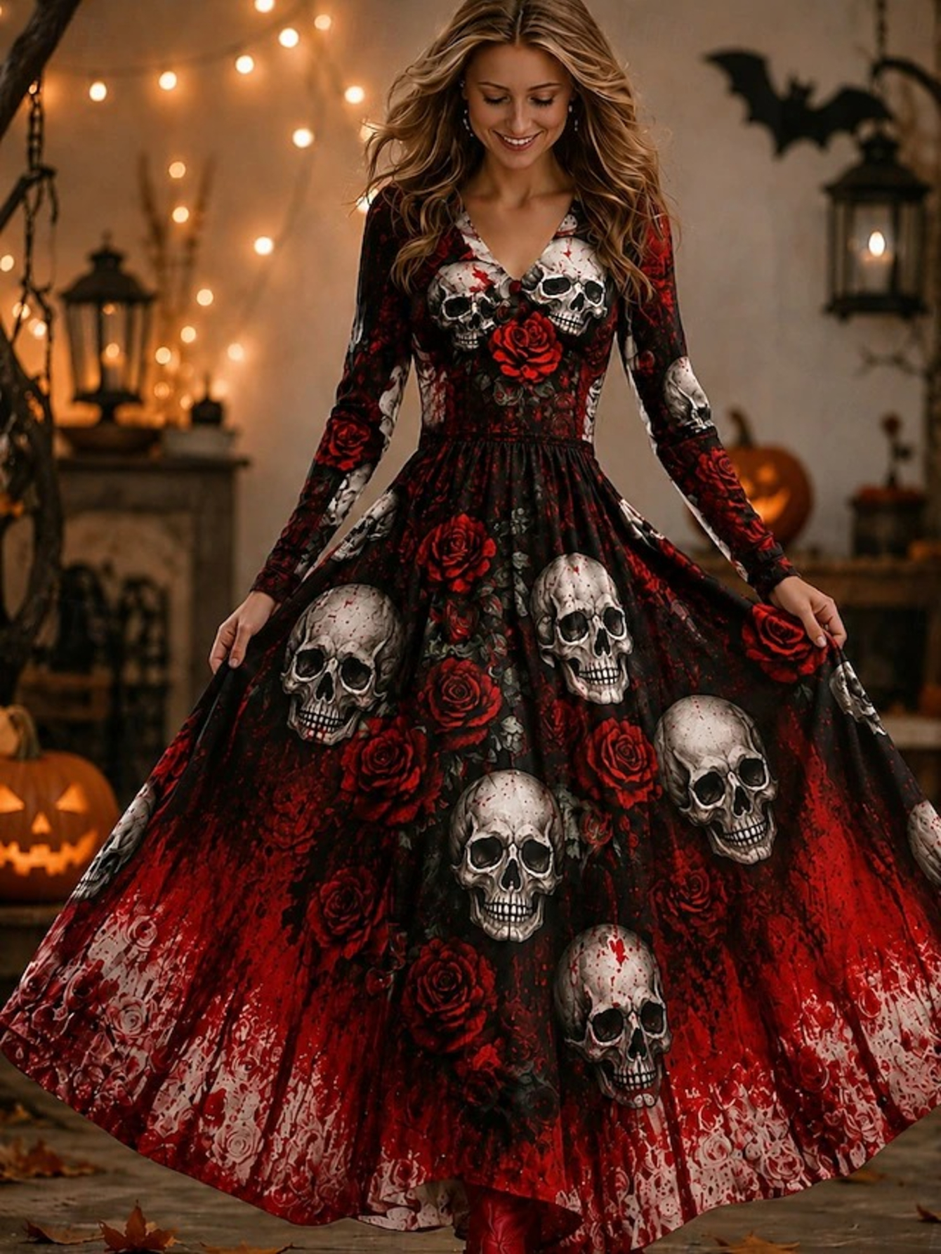 item picture  2026 new   black and red gothic style dress with a dark aesthetic featuring a skull and   print long sleeves v neck and a flared skirt   halloween parties retro gothic outfits and everyday casual we
