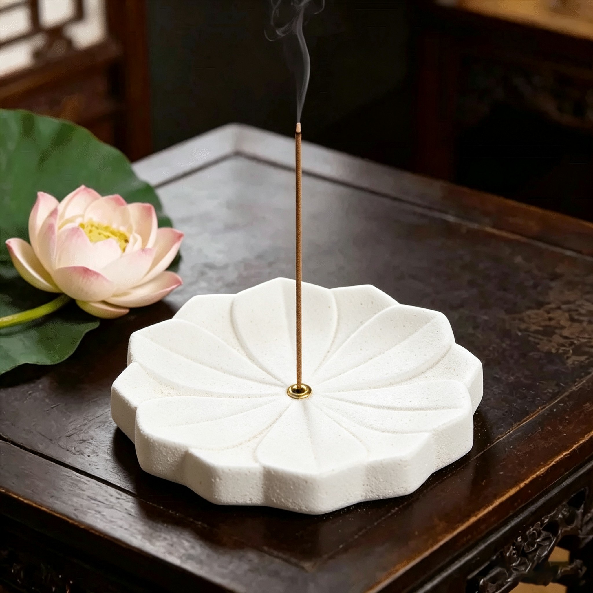 TEMU Porte-encens en feuille de lotus style néo-chinois, support à encens d'intérieur d'inspiration zen, porte-encens de méditation de bureau pour