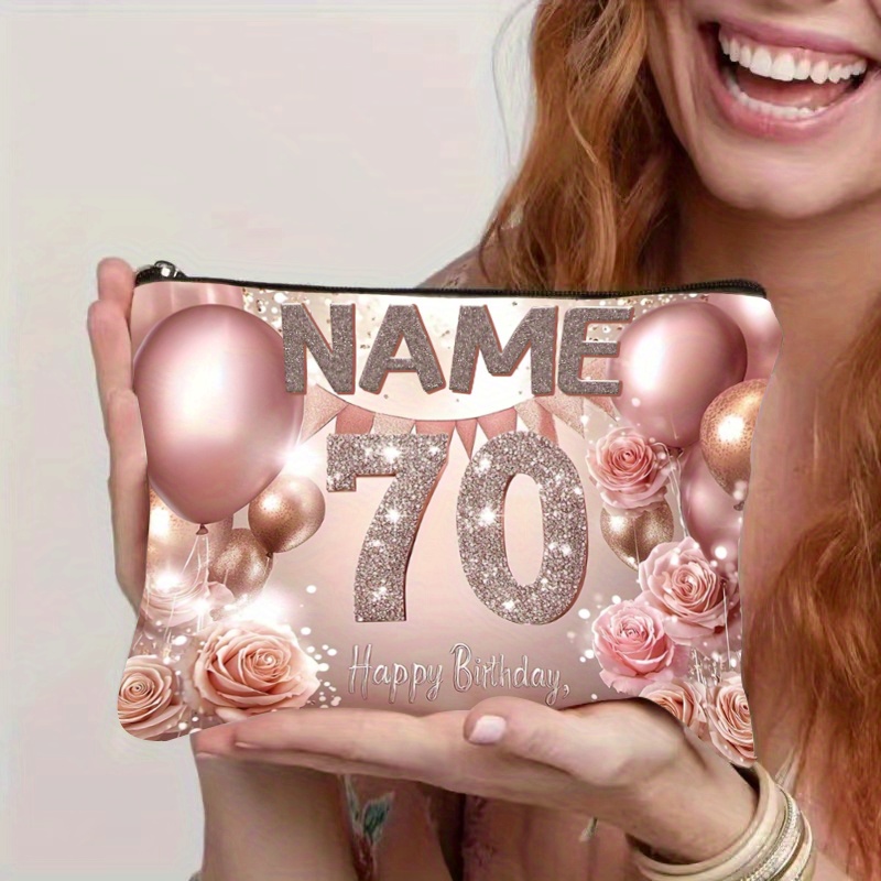 TEMU 1pc Personalized Glittery Number & Name/text Luxury Glitter Makeup & Toiletry Bag - Pink & Design With - 70th Birthday Party Favors, Milestone
