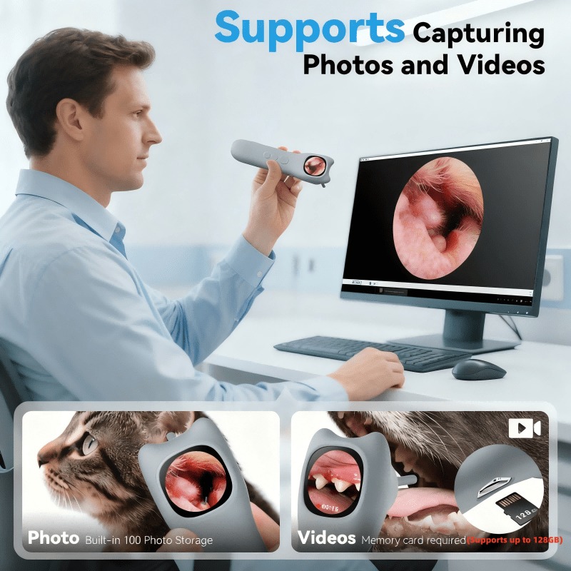 This Home-Use Pet Smart Detector Combines Four Functions in One, Featuring a 1080P High-Definition Ear Endoscope Camera with 4X Zoom for Clear Internal Viewing. It Comes with 12 Specialized Examination Heads to Fit Different Body Parts