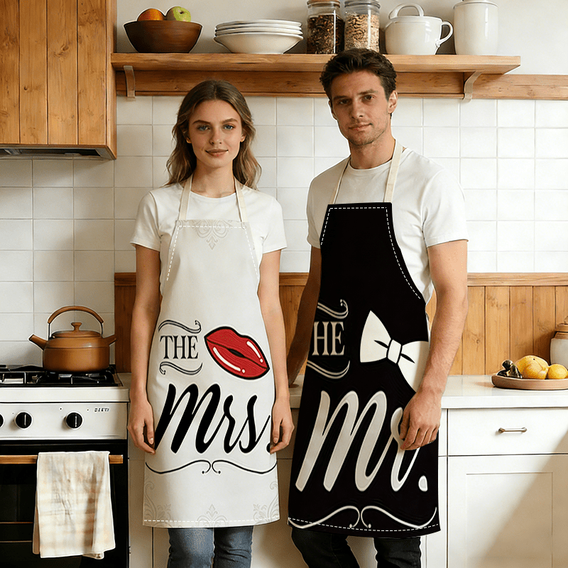TEMU 1pc/2pcs Wedding Gift Couple's Apron, Black And Scheme, Mr. & Mrs. Print Kitchen Bib, Wedding Gift Couple's Apron, Chef's Apron, Easy To Clean